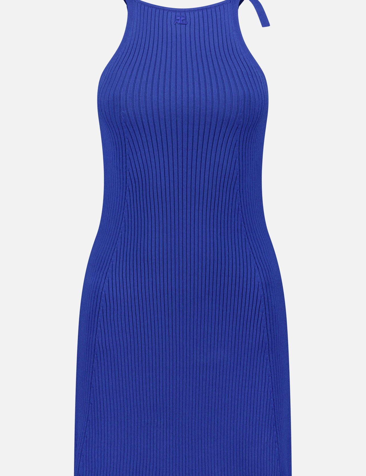 The COURRÈGES Buckle Rib Knit Mini Dress is a sleeveless, fitted sapphire mini dress with a vertical ribbed texture, halter neckline, and small bow detail, offering a simple, modern look.