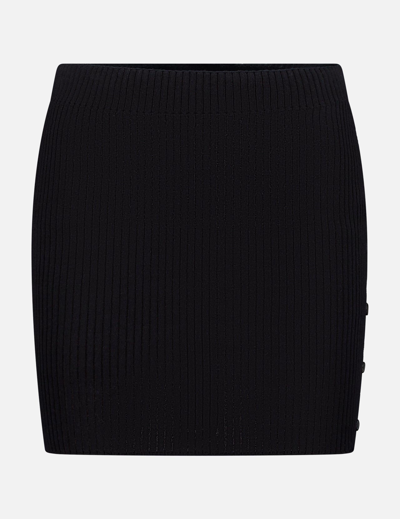The Buttoned Light Rib Mini Skirt by COURRÈGES features a straight cut, subtle side buttons, and ribbed black knit, shown against a plain white background.