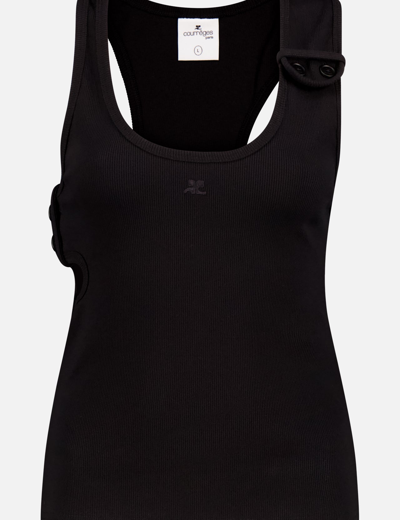 The COURRÈGES Double Buckle 90's Rib Tank Top is a black ribbed tank featuring a round neckline and shoulder button detail, shown against a plain white background.