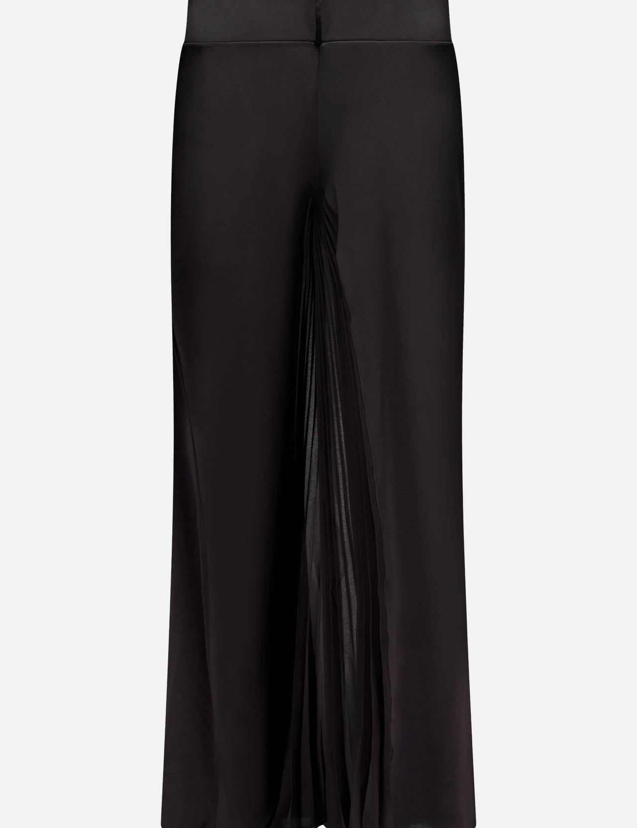 The COURRÈGES Infinity Pleats Jersey Pants feature a sleek black design with pleated detailing and a fitted waistband, showcased against a plain white background.