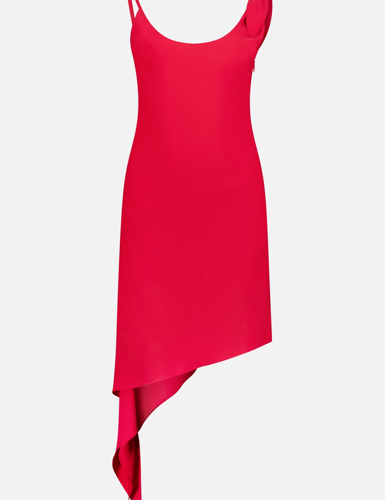The COURRÈGES Knot Tech Crepe Dress, a vibrant pink asymmetrical piece with a single knotted shoulder strap, is showcased against a plain white background.
