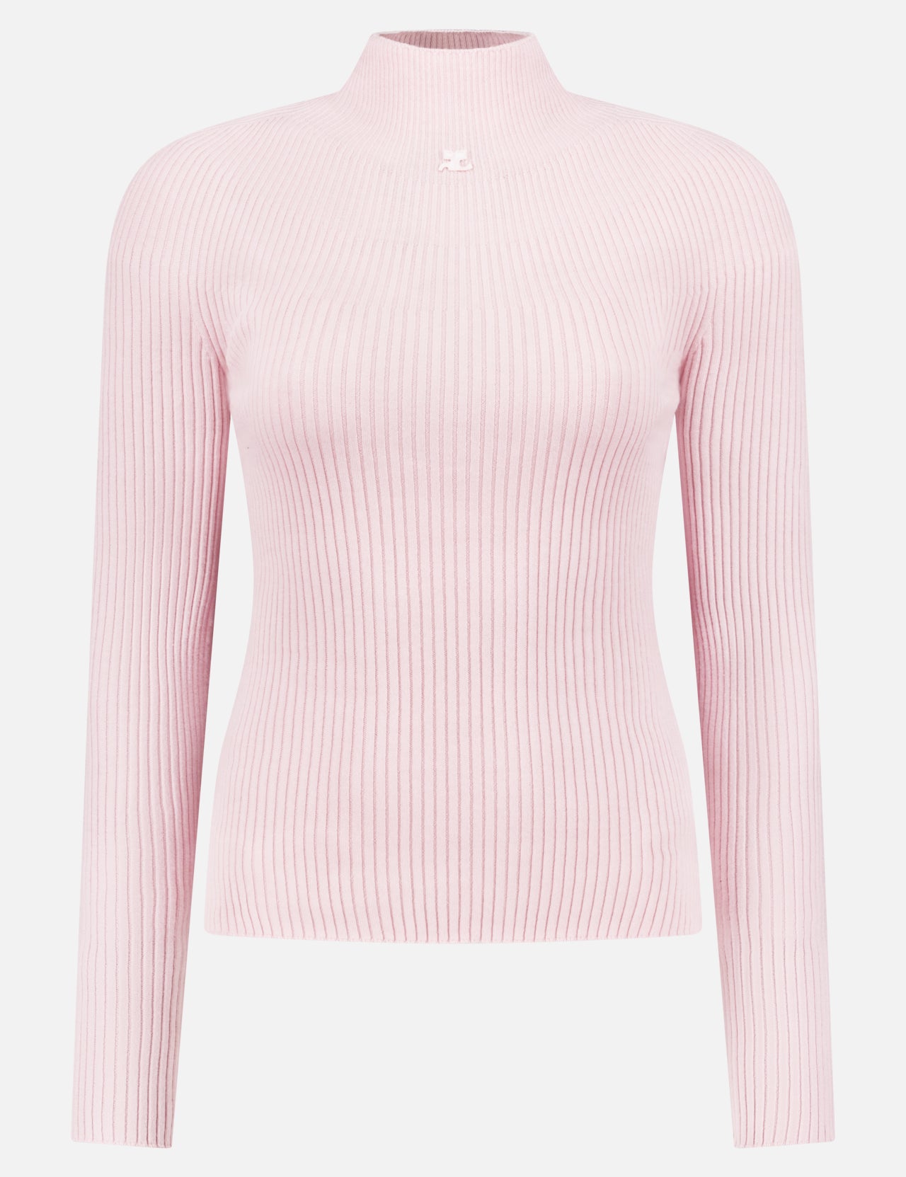 The COURRÈGES Mock-Neck Light Rib Sweater is a light pink, long-sleeve ribbed knit with a fitted silhouette, showcasing French-inspired elegance. Displayed against a plain white background.