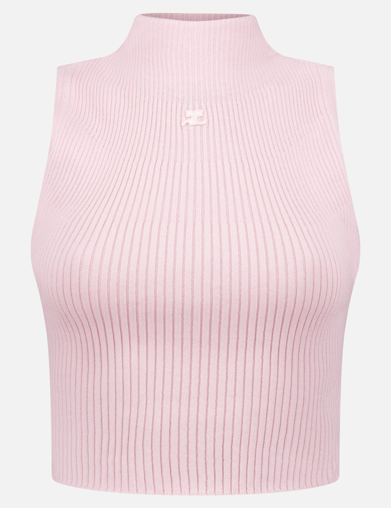 The COURRÈGES Mock Neck Light Rib Top is a sleeveless, light pink knit crop top with ribbed texture and a small white embroidered logo centered below the collar.
