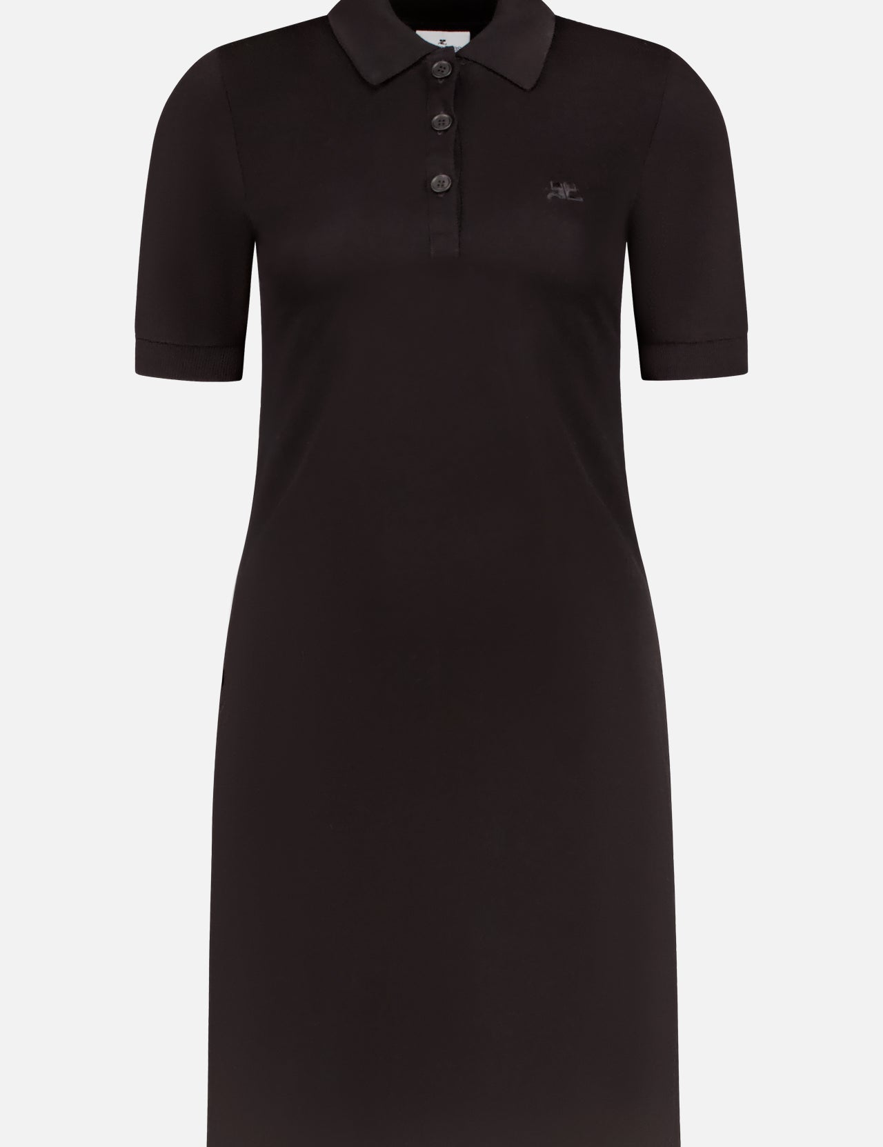 The COURRÈGES Polo Piqué Dress is a black sporty polo dress with short sleeves, a collar, three front buttons, and a subtle logo embroidered on the left chest, shown against a plain white background.