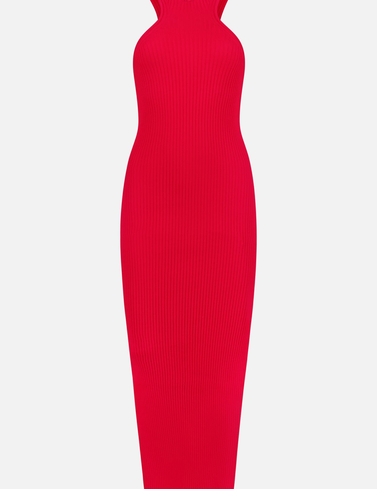 The COURRÈGES Scuba Rib Knit Long Dress is a sleeveless, form-fitting ruby red dress with a high neckline and ankle-length cut, shown on a plain white background.