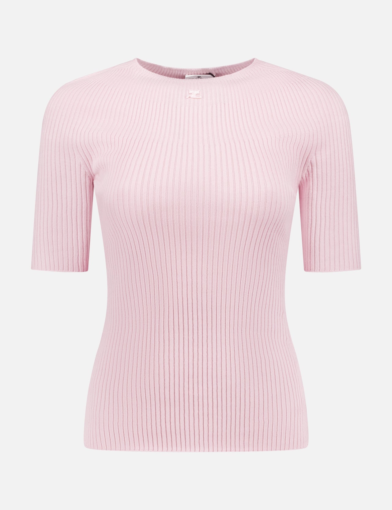 The COURRÈGES Solar Light Rib Short Sleeve Sweater is a light pink, ribbed top with short sleeves and a crew neckline, shown on a plain white background.