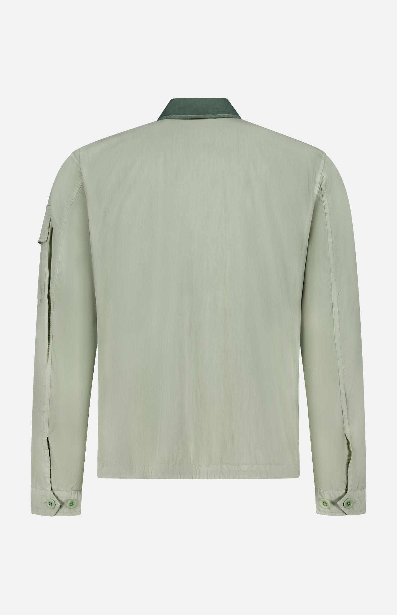 The C.P. COMPANY 50 Fili Two-tone Overshirt in moss green is shown from the back, featuring a dark green collar, buttoned cuffs, and a utilitarian upper left sleeve pocket.