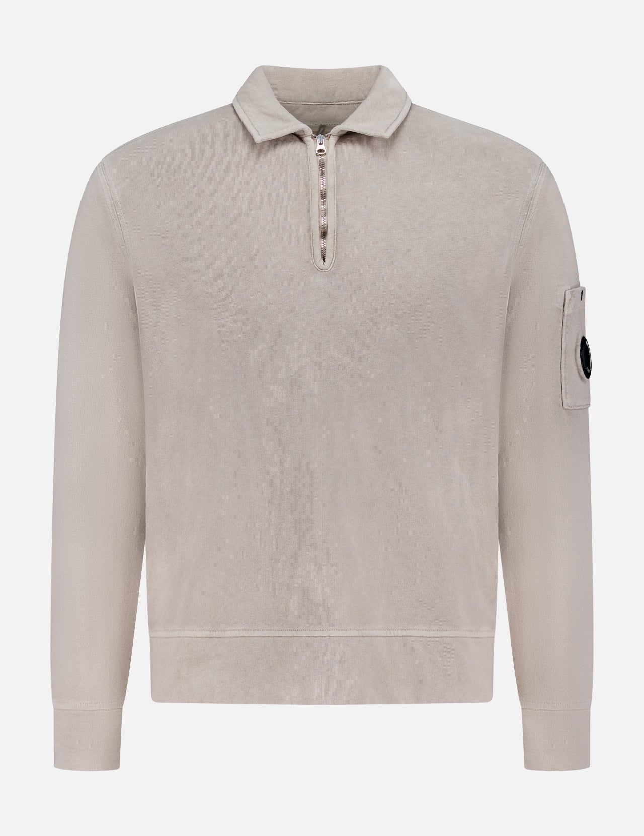 The Malfile Fleece Polo Collar Sweatshirt by C.P. COMPANY is a beige designer pullover with long sleeves, polo collar, half-zip front, and a patch pocket on the upper left sleeve finished with a signature black button detail.