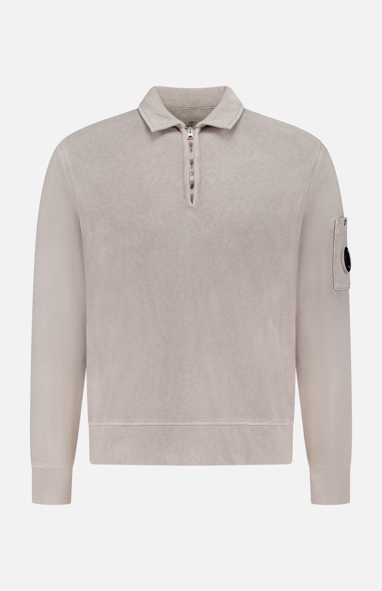 The Malfile Fleece Polo Collar Sweatshirt by C.P. COMPANY is a beige designer pullover with long sleeves, polo collar, half-zip front, and a patch pocket on the upper left sleeve finished with a signature black button detail.