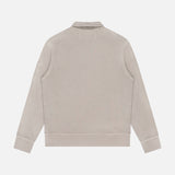 The C.P. COMPANY Malfile Fleece Polo Collar Sweatshirt is shown from the back in beige, featuring ribbed cuffs and hem plus a patch pocket on the left sleeve. Inspired by designer sportswear, it’s ideal for layering over a polo shirt against a plain white background.