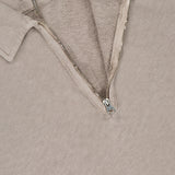 Close-up of the Malfile Fleece Polo Collar Sweatshirt by C.P. COMPANY in beige, featuring a partially open silver zip and textured inner fabric. A white label inside the collar showcases refined designer sportswear details.