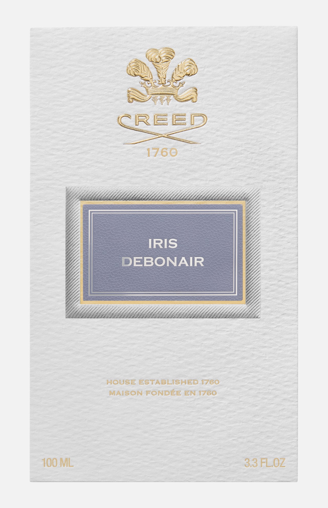 White rectangular box for Creed Iris Debonair 100 ml Fragrance with a gold logo and crest, a light purple label, and 100 ML and 3.3 FL OZ printed at the bottom corners.