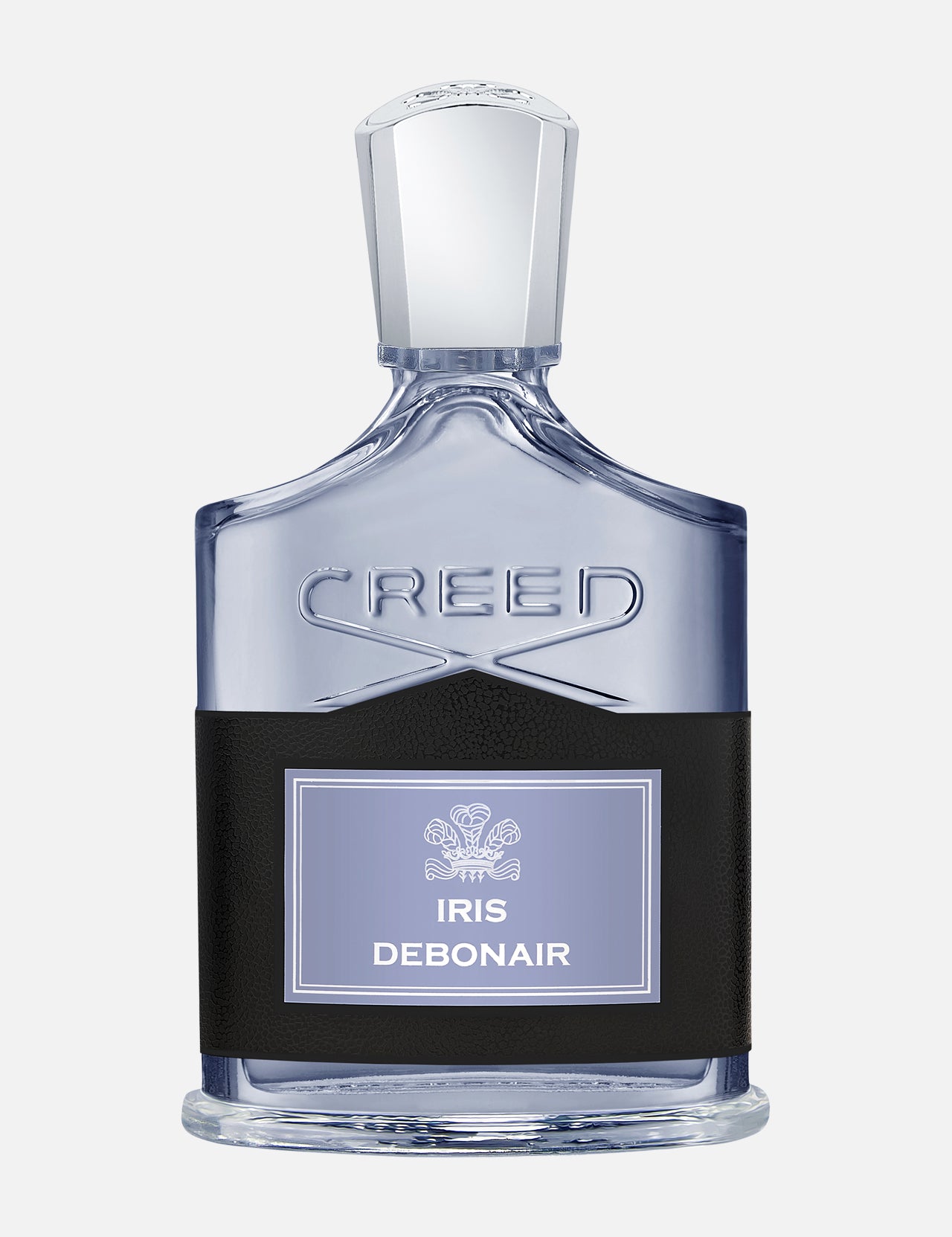 A clear glass Creed Iris Debonair 100 ml Fragrance bottle with a metallic cap, featuring a black leather wrap around the lower half and an Iris Debonair label.