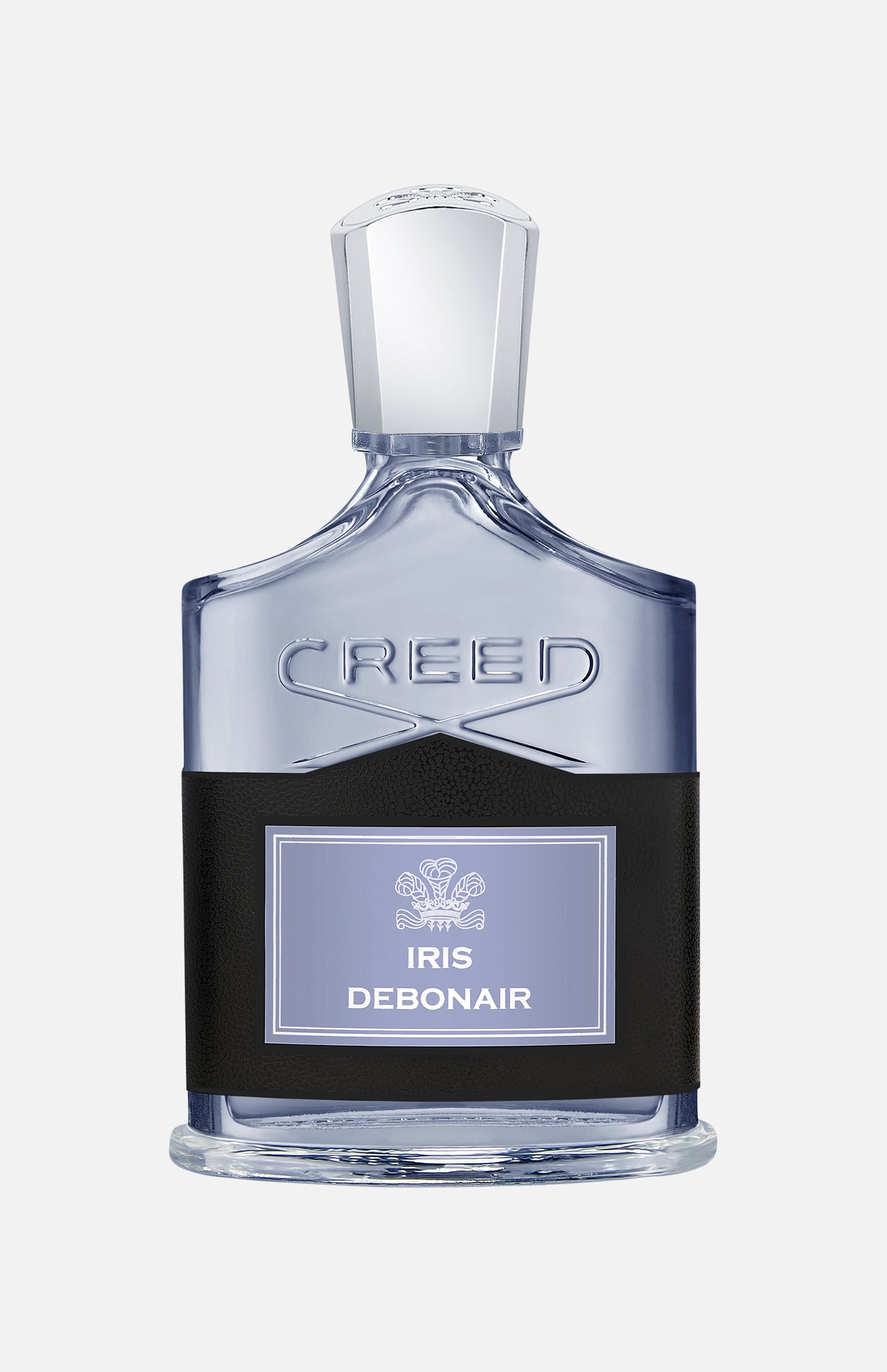 A clear glass Creed Iris Debonair 100 ml Fragrance bottle with a metallic cap, featuring a black leather wrap around the lower half and an Iris Debonair label.