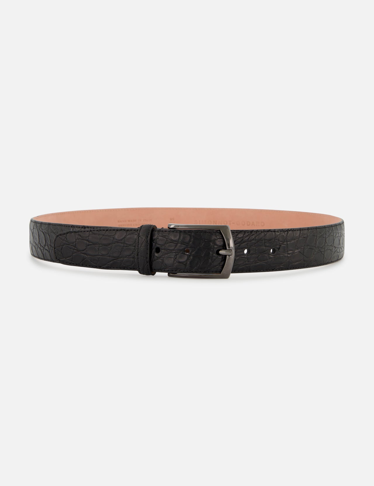 The SIMONNOT GODARD Crocco Flank Mat Nabuk Belt is a men’s designer black crocodile leather belt with a silver rectangular buckle and tan inner lining, handcrafted in Italy and shown on a plain white background.