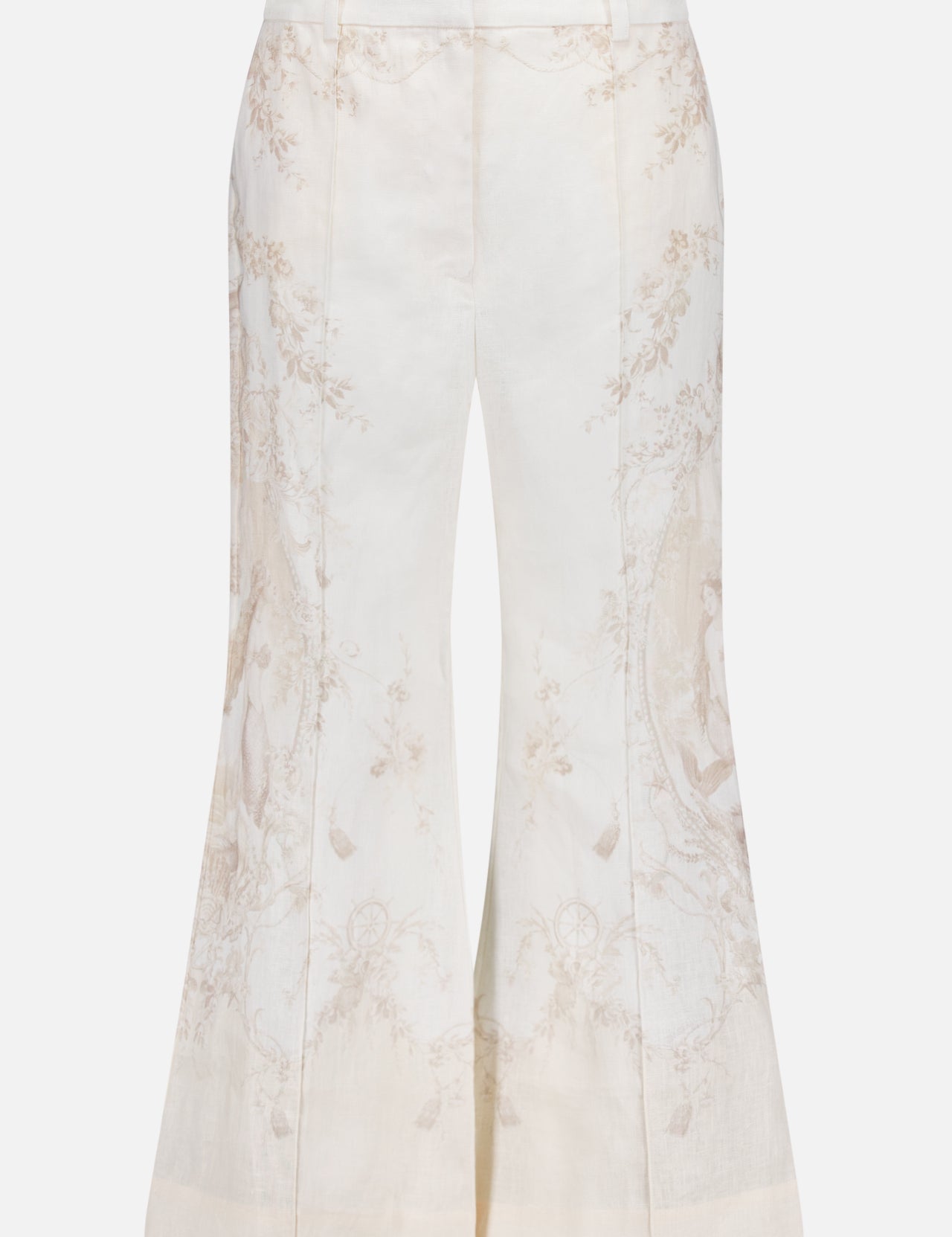 The ZIMMERMANN Cropped Flare Mermaid Toile Pant features a high waist, fitted waistband, belt loops, wide legs with a gentle flare, and an ivory linen fabric with a vintage-style mermaid toile print in light beige.