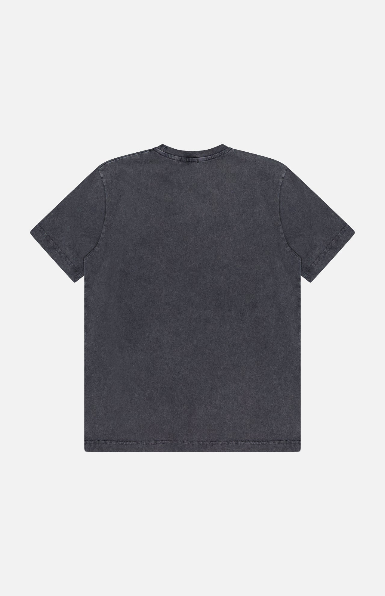 The CROSSLEY Hunt Stone Wash Cotton Short Sleeve Crew T-shirt is displayed flat, back up, on a white background. Its charcoal gray, washed cotton fabric highlights classic Italian knitwear craftsmanship.