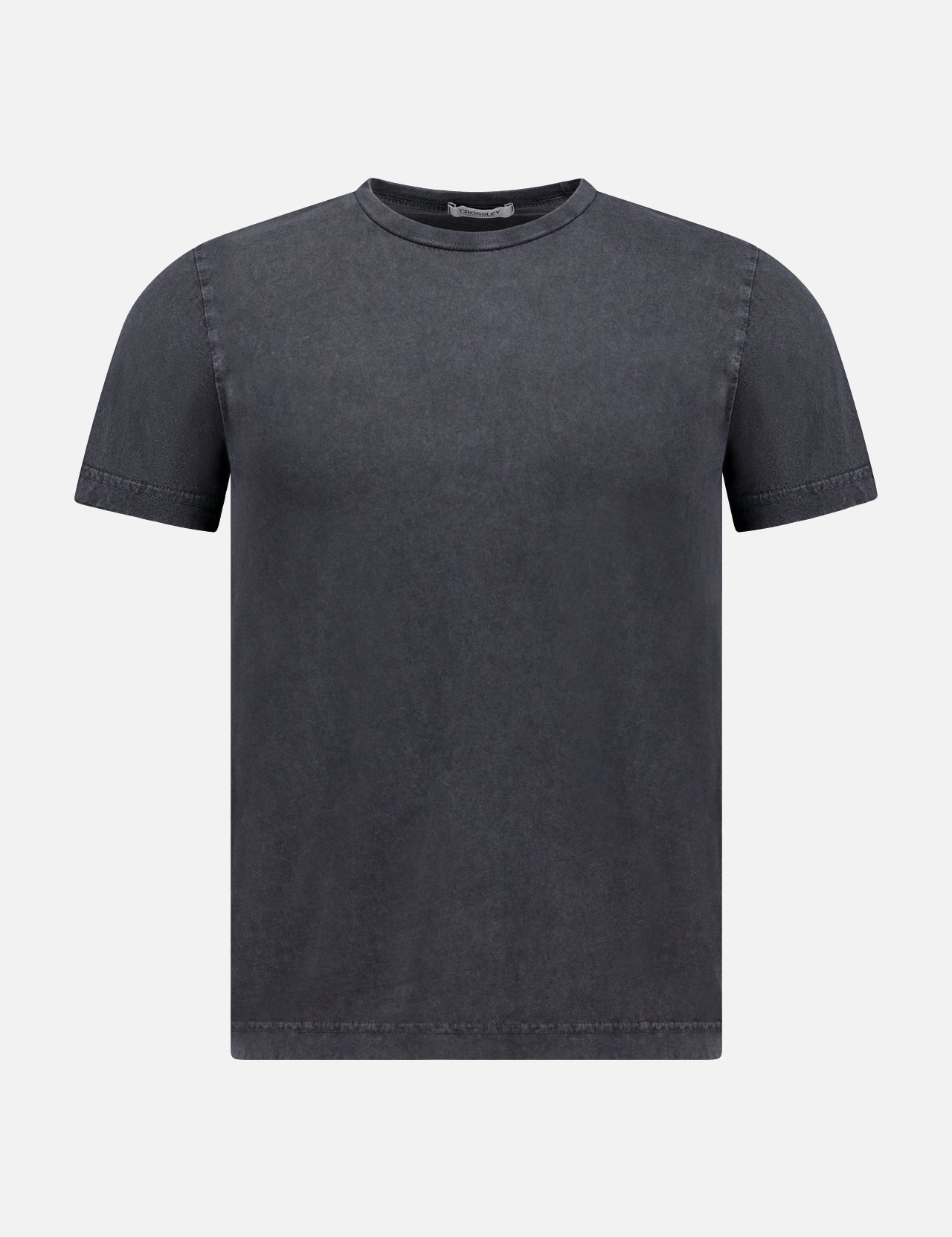 The CROSSLEY Hunt Stone Wash Cotton Short Sleeve Crew T-shirt features a plain, crew neck design in faded black/charcoal, expertly crafted in Italy and shown against a light gray background.