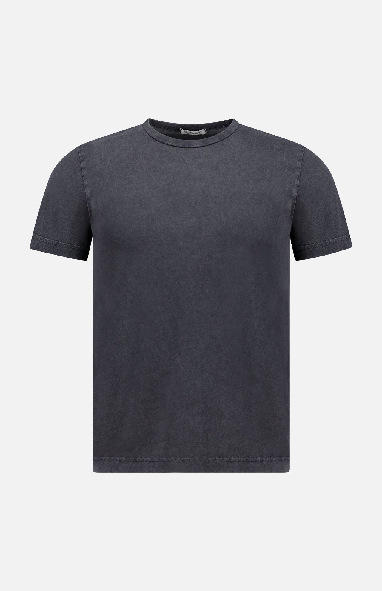 The CROSSLEY Hunt Stone Wash Cotton Short Sleeve Crew T-shirt features a plain, crew neck design in faded black/charcoal, expertly crafted in Italy and shown against a light gray background.