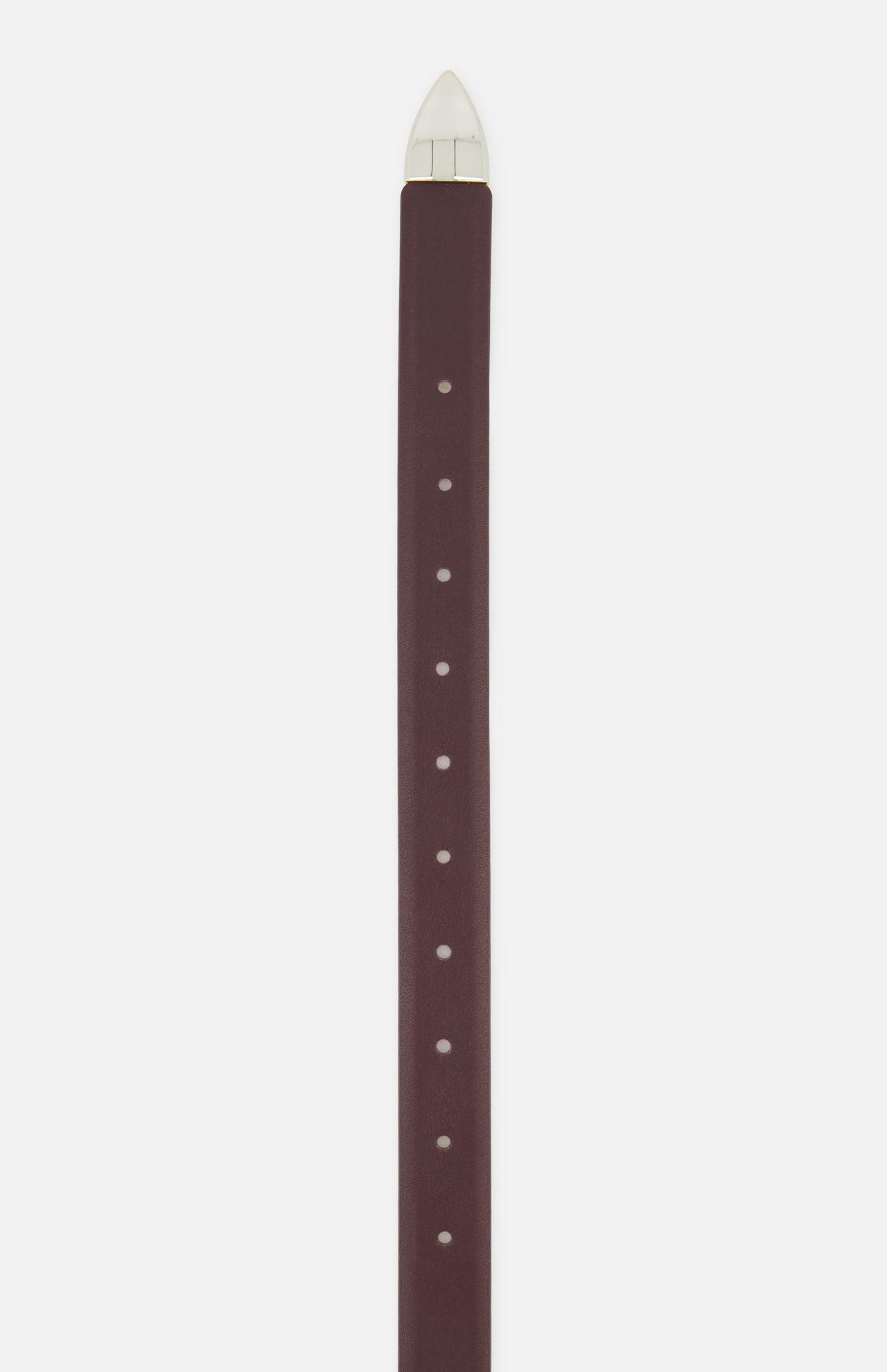 A slim, dark plum Hollyhock Belt by Déhanche, featuring a pointed metal tip.