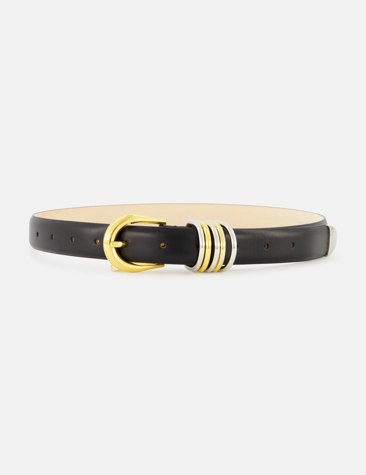 Hollyhock Mixed Metal Belt in luxury black leather featuring a gold-tone buckle and three decorative silver and gold-tone rings.
