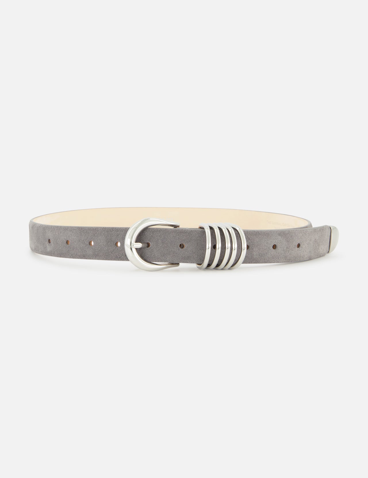 Déhanche Hollyhock Suede Belt in grey featuring a silver buckle and a multi-ring keeper.