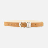 Déhanche Hollyhock Suede Belt in tan, featuring a silver buckle and three silver rings near the closure.