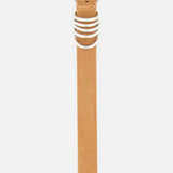 Déhanche Hollyhock Suede Belt in tan, featuring a silver-toned horseshoe-shaped buckle and three stacked silver-toned metal loops, made in Italy.