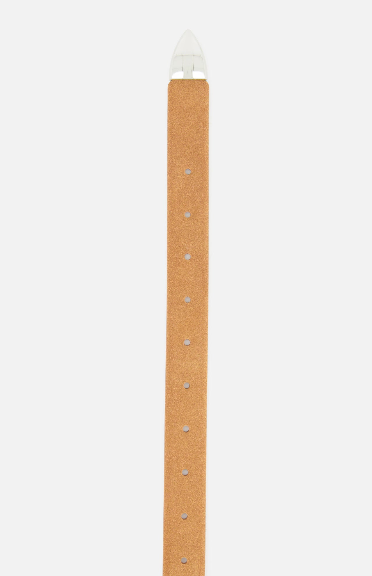 Déhanche Hollyhock Suede Belt in tan leather, featuring a pointed silver-tone metal tip and a row of punched adjustment holes, made in Italy.