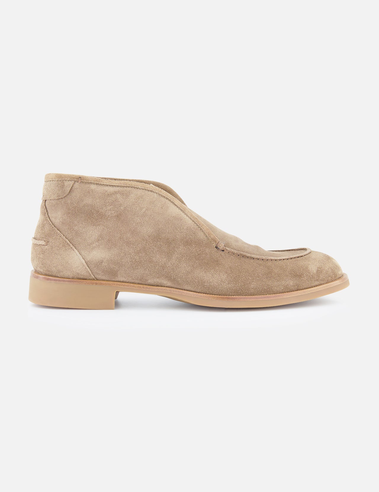 The DI BIANCO Fidenza Suede Farro Boot is shown in side profile, highlighting its minimalist tan suede design with a low heel and rounded toe, set against a plain white background.