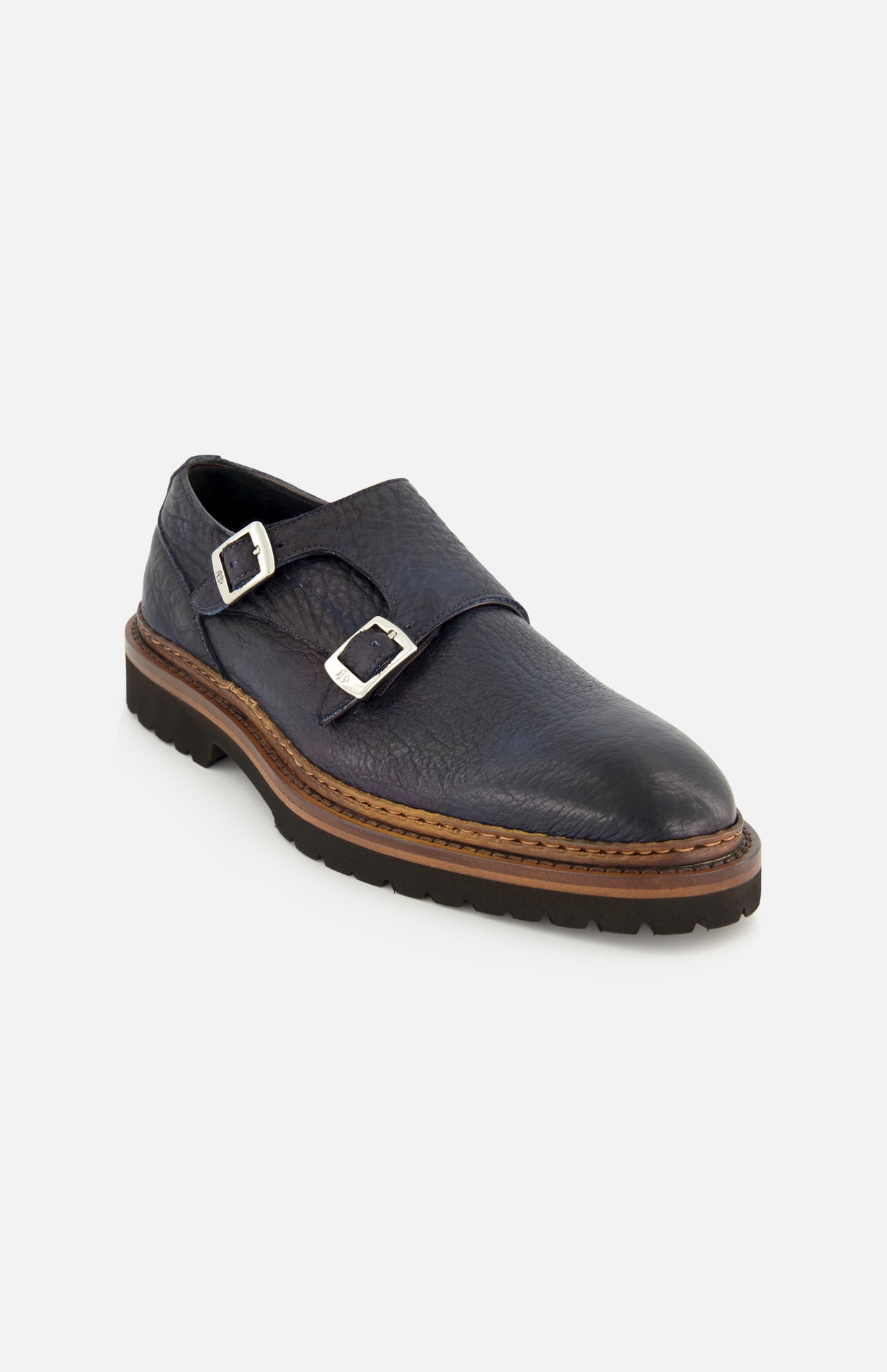 The DI BIANCO Mezzaro Bisonte Loafer is a single navy double monk dress shoe crafted from bison leather, featuring two silver buckle straps and a brown sole, displayed on a light background.