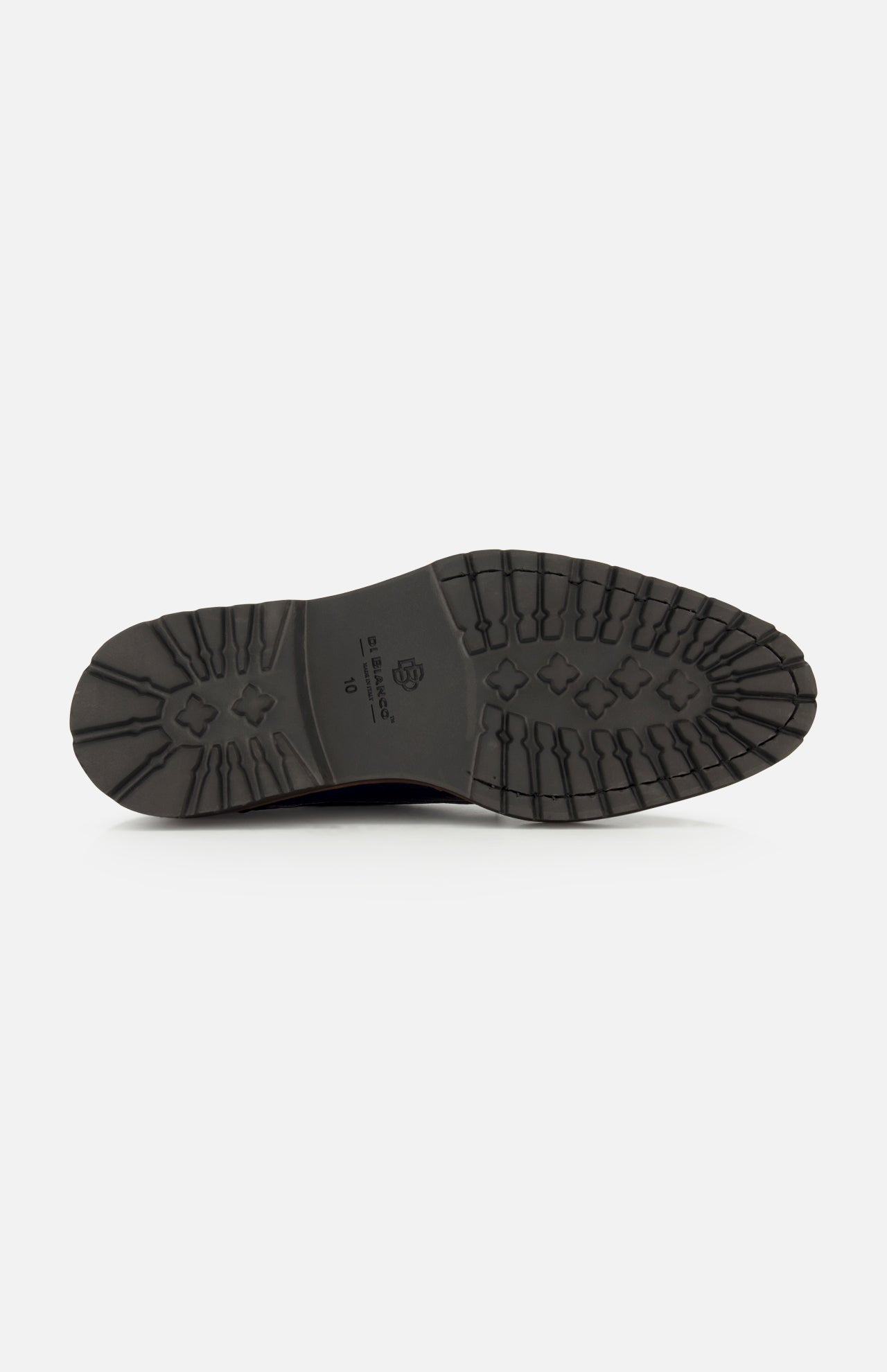 The image displays the black rubber sole of the DI BIANCO Mezzaro Bisonte Loafer in navy, featuring various textured patterns and grooves for enhanced traction, photographed from the bottom against a plain white background.