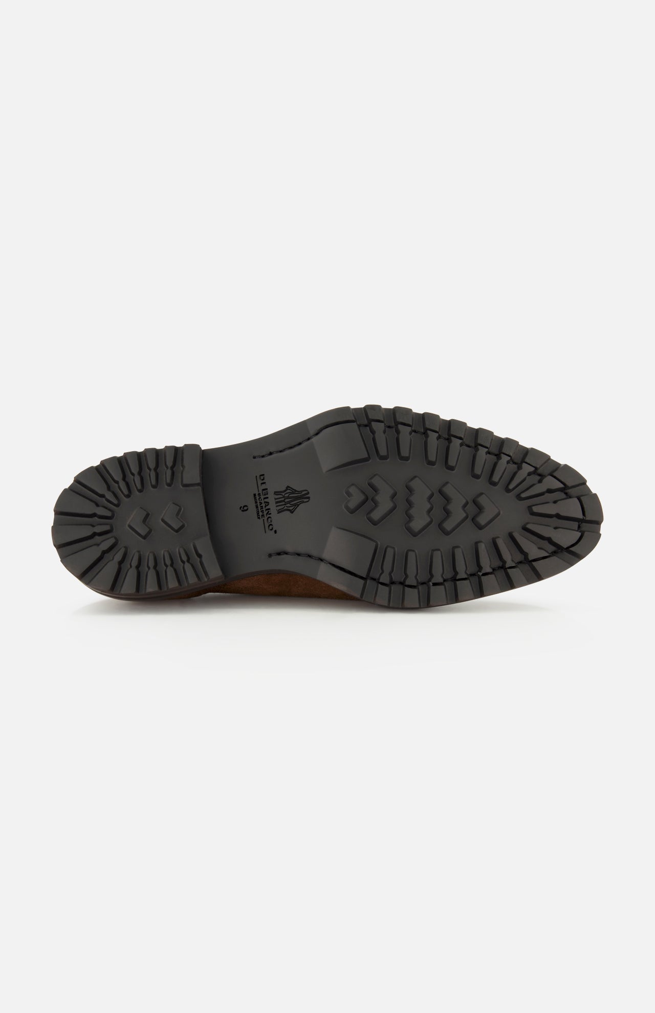 The image displays the black rubber sole of the DI BIANCO Marche Suede Loafer, featuring rugged, textured treads and a central logo. The number 9 and brand markings near the heel emphasize that this light brown suede loafer exemplifies expert craftsmanship typically found in hand-stitched shoes made in Italy.