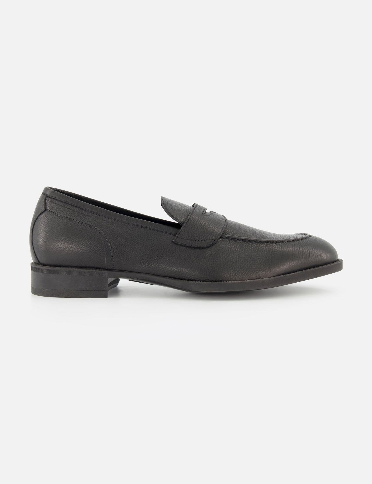The DI BIANCO Miseno California Slip On Loafer, a black Italian-made loafer with a low heel and penny strap, is displayed in side profile on a plain white background.