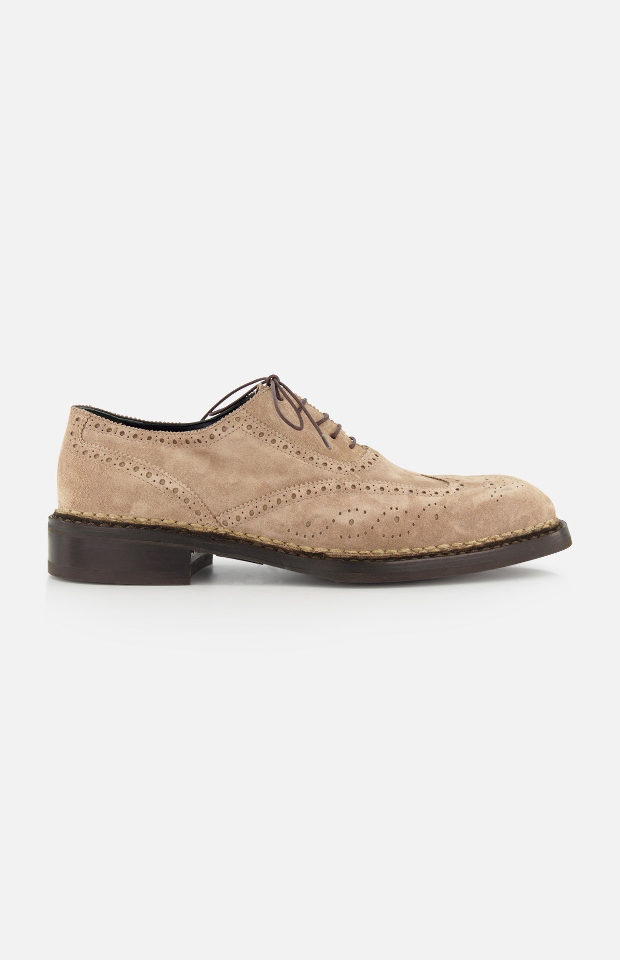 The DI BIANCO Nettuno Suede Lace Up Loafer is shown in beige suede with decorative perforations, Norwegian welting, a lace-up front, and a dark brown sole, presented in a side view against a plain white background.