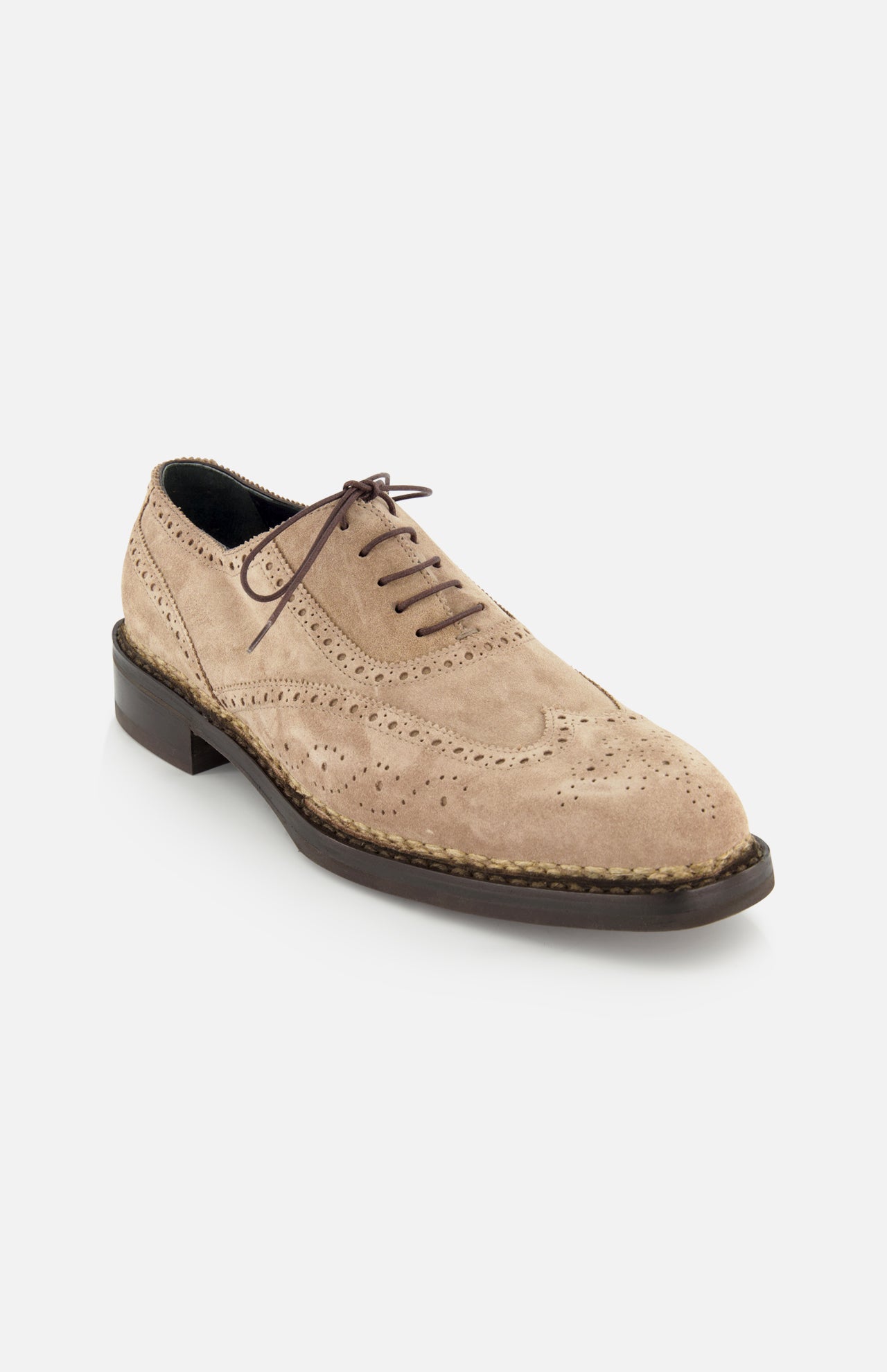 The DI BIANCO Nettuno Suede Lace Up Loafer in beige features decorative perforations, dark brown laces, and a dark brown sole with Norwegian welting, shown against a white background.