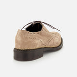 The DI BIANCO Nettuno Suede Lace Up Loafer is shown from the back side angle in light brown suede with dark brown laces, a thick dark brown sole, and fine Norwegian welting, set against a white background.