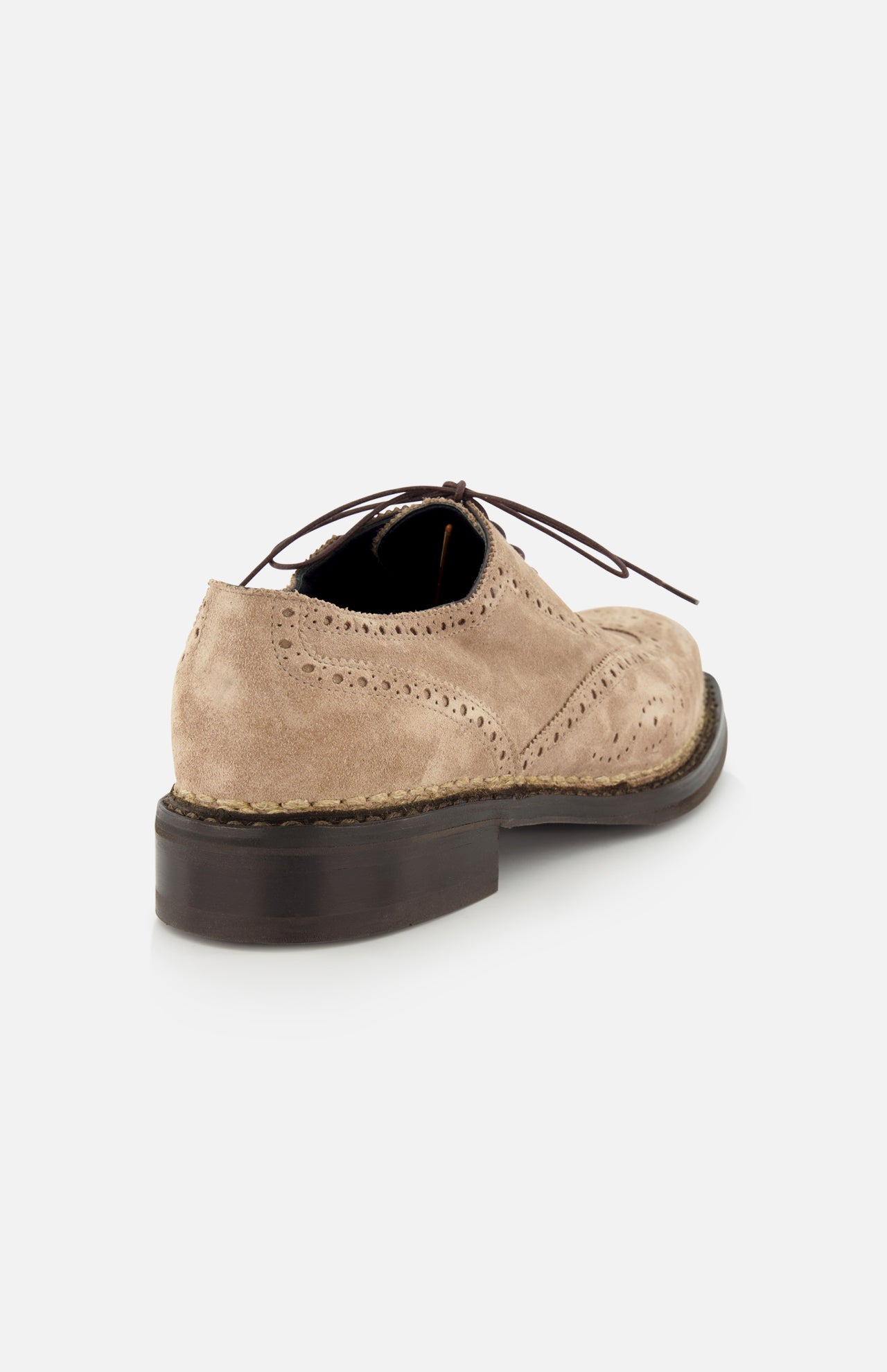 The DI BIANCO Nettuno Suede Lace Up Loafer is shown from the back side angle in light brown suede with dark brown laces, a thick dark brown sole, and fine Norwegian welting, set against a white background.