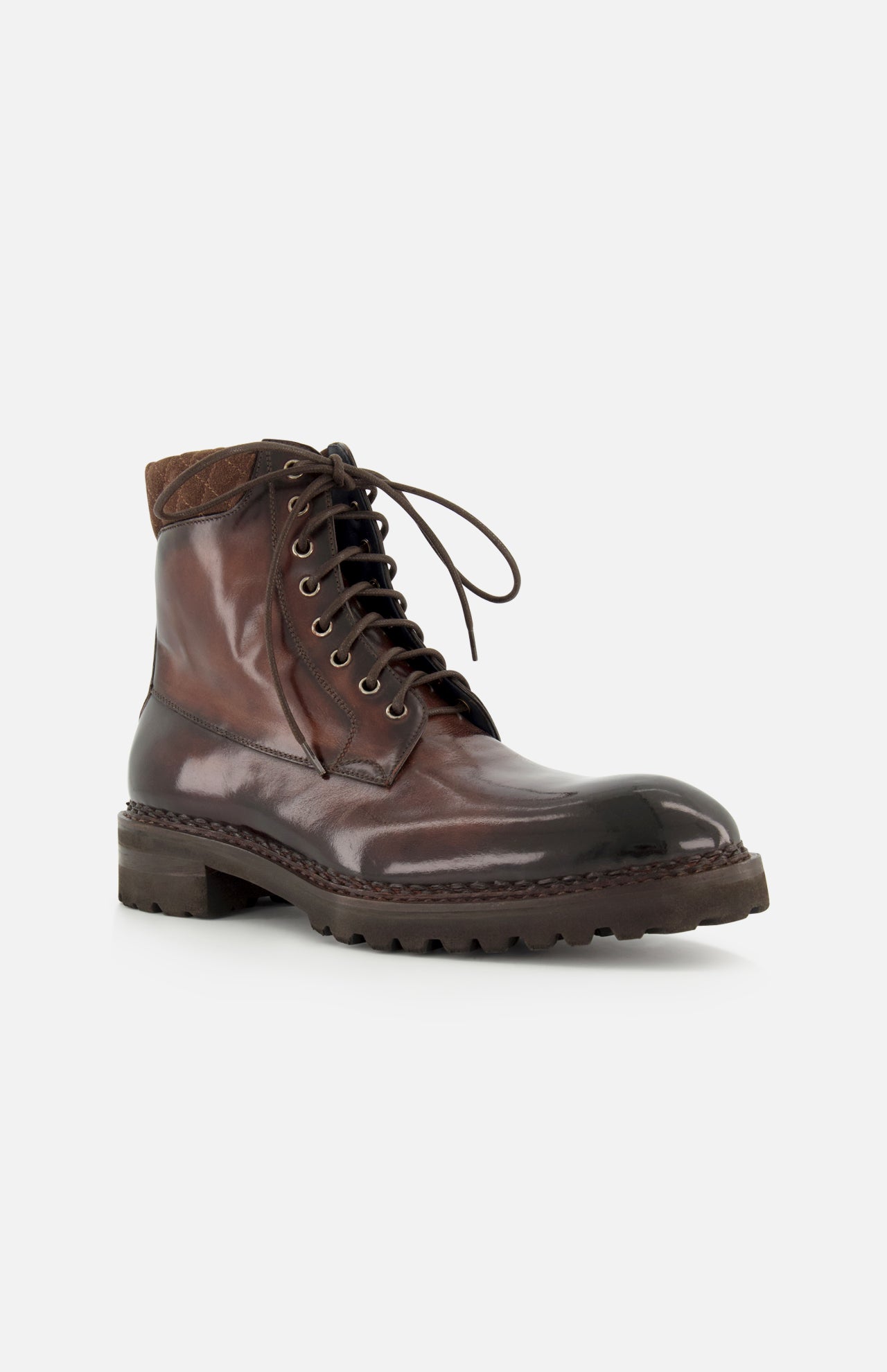 The DI BIANCO Torino Calfskin Suede Boot—a single dark brown lace-up boot with a rugged sole and padded collar, handmade in Italy—is displayed against a light gray background.