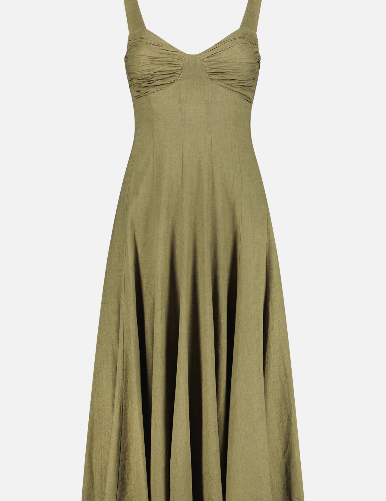 The Beth Dress by DIANE VON FURSTENBERG is an olive green sleeveless linen-blend dress featuring wide straps, a ruched sweetheart neckline, fitted bodice, and flared A-line skirt in lightweight fabric for a flowy look.