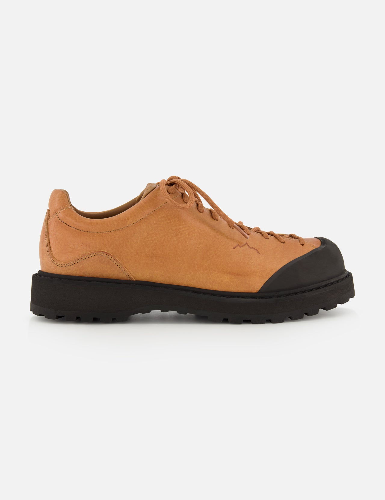 Diemme Ampezzo Low Top Boot in tan leather, featuring a black rubber toe cap and thick lugged sole.