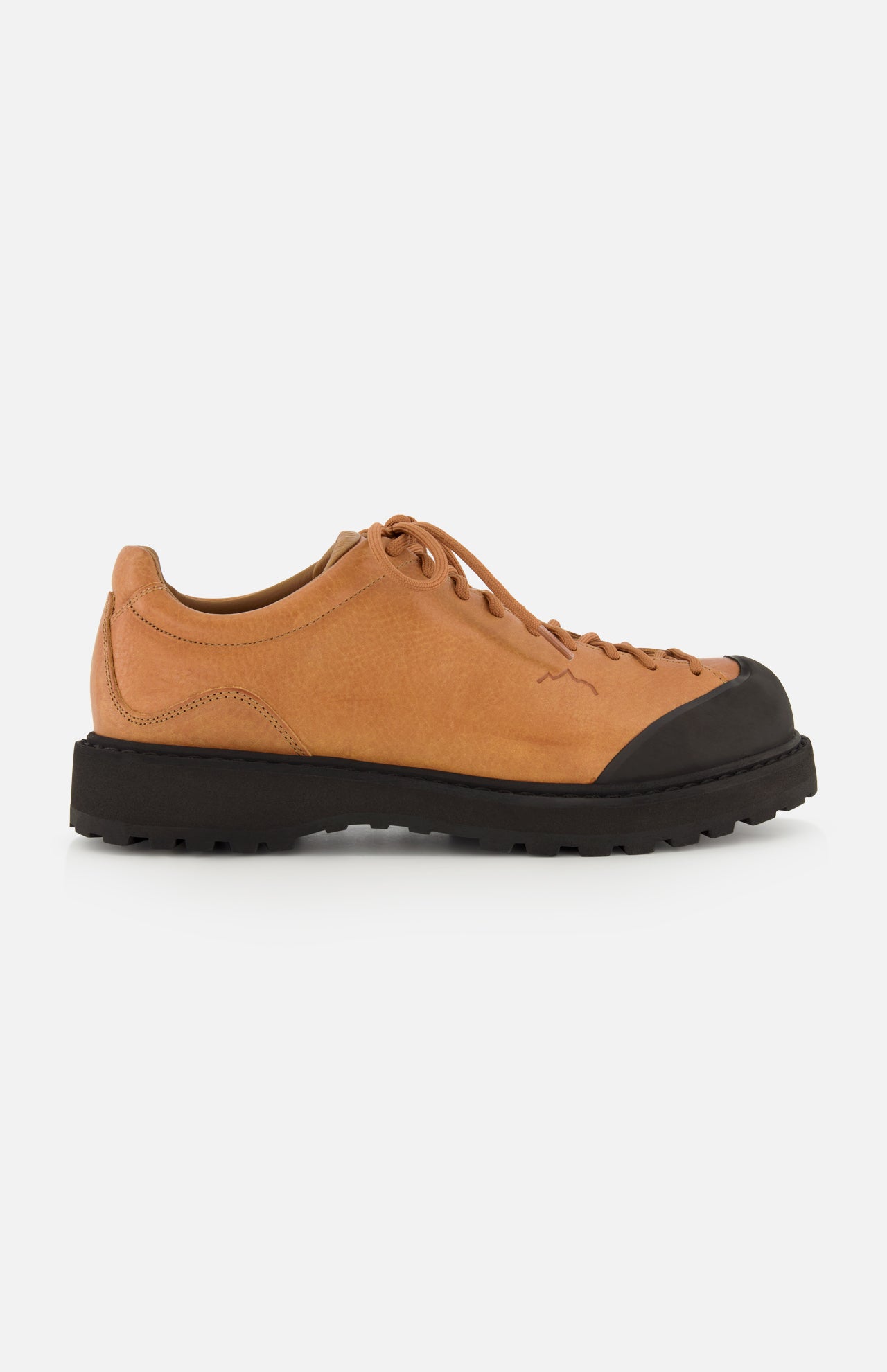 Diemme Ampezzo Low Top Boot in tan leather, featuring a black rubber toe cap and thick lugged sole.