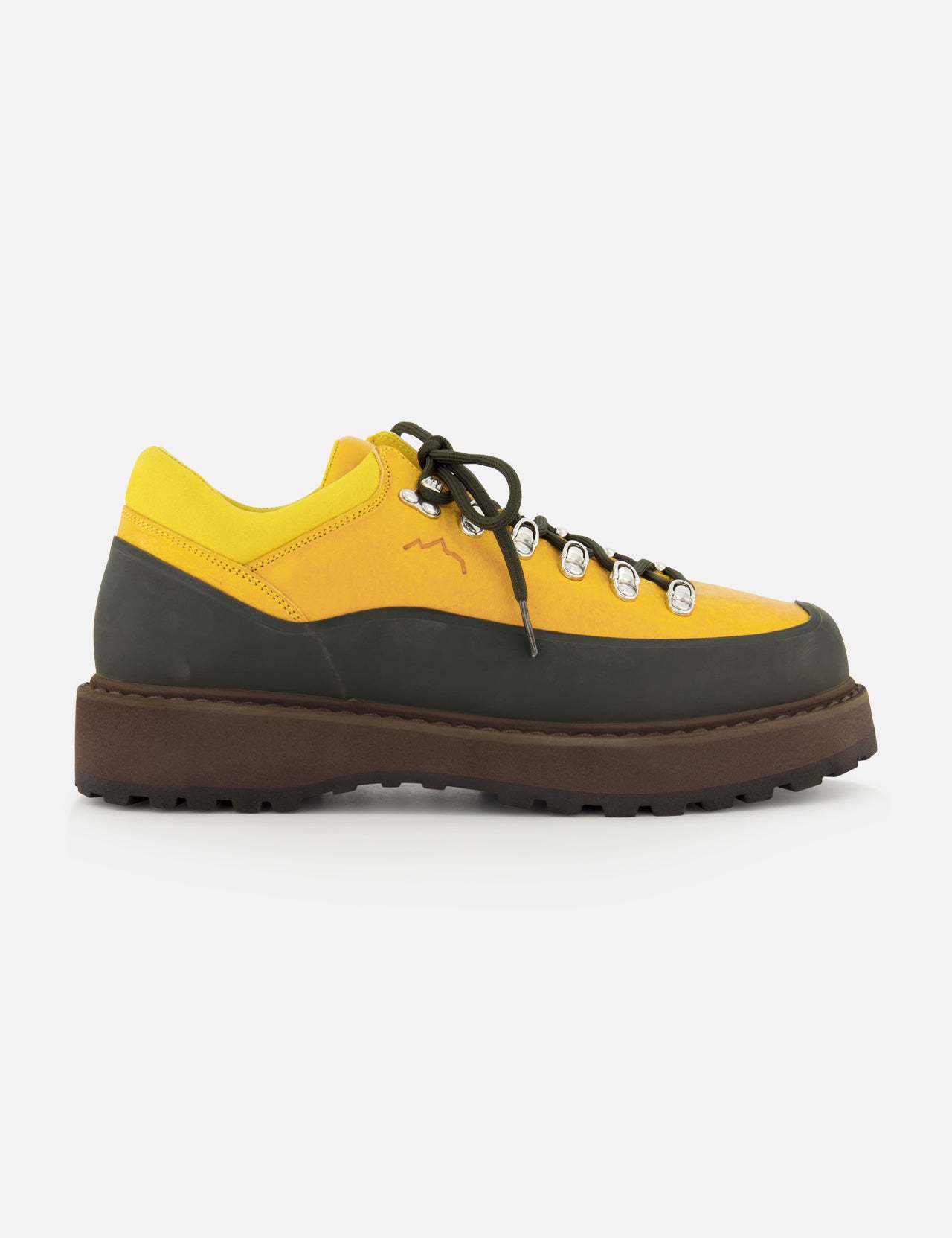 Diemme Cornaro Due Gomma Sneaker in yellow, featuring a low-top silhouette with a dark grey rubber mudguard, brown lugged sole, and metal D-ring eyelets in a hybrid boot-sneaker design.