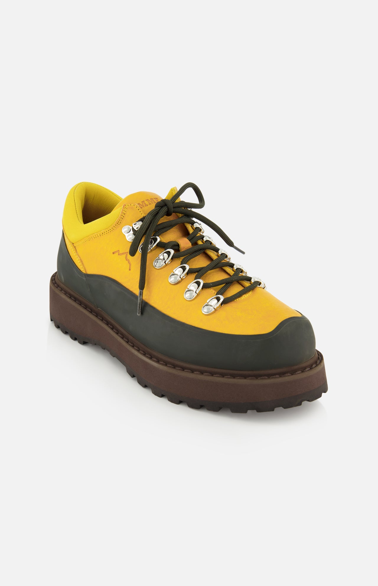 Diemme Cornaro Due Gomma Sneaker in yellow with a black rubber mudguard, dark laces, metal D-ring eyelets, and a thick brown lugged sole.