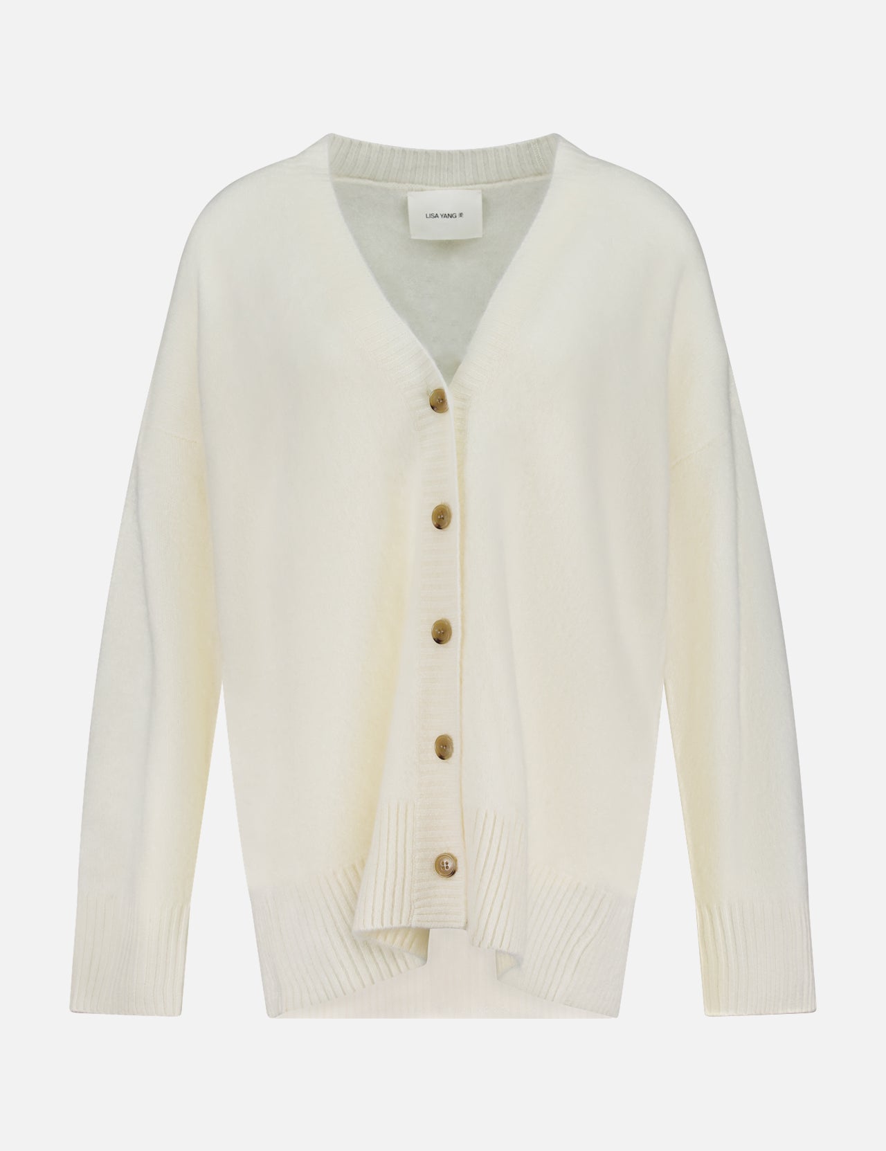 The Elaria Solid Cashmere Cardigan by LISA YANG features a cream hue, long sleeves, a V-neckline, and brown front buttons, shown against a white background.