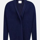 ELDER STATESMAN Italy Cashmere Smoking Cardigan in navy blue, featuring an open front, long sleeves, a relaxed fit, and a shawl collar, displayed against a plain white background.