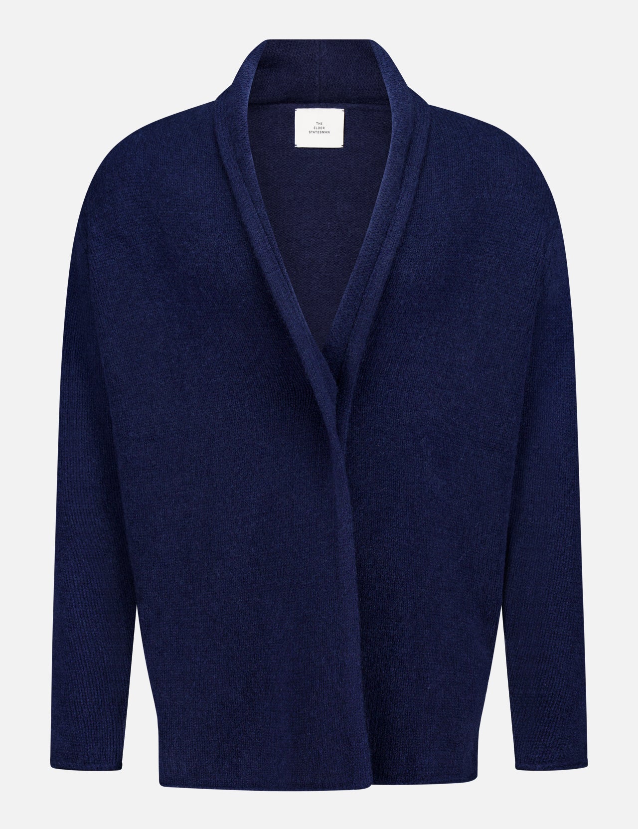 ELDER STATESMAN Italy Cashmere Smoking Cardigan in navy blue, featuring an open front, long sleeves, a relaxed fit, and a shawl collar, displayed against a plain white background.