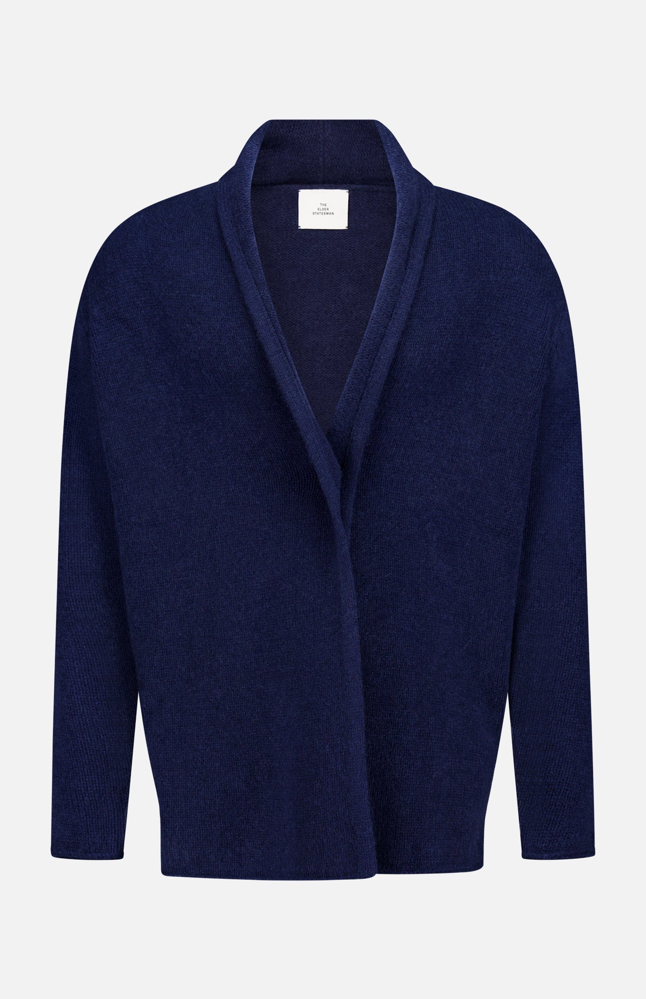 ELDER STATESMAN Italy Cashmere Smoking Cardigan in navy blue, featuring an open front, long sleeves, a relaxed fit, and a shawl collar, displayed against a plain white background.