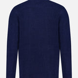 The ELDER STATESMAN Italy Cashmere Smoking Cardigan is displayed from the back in navy, showcasing its shawl collar and smooth knit texture against a light background.