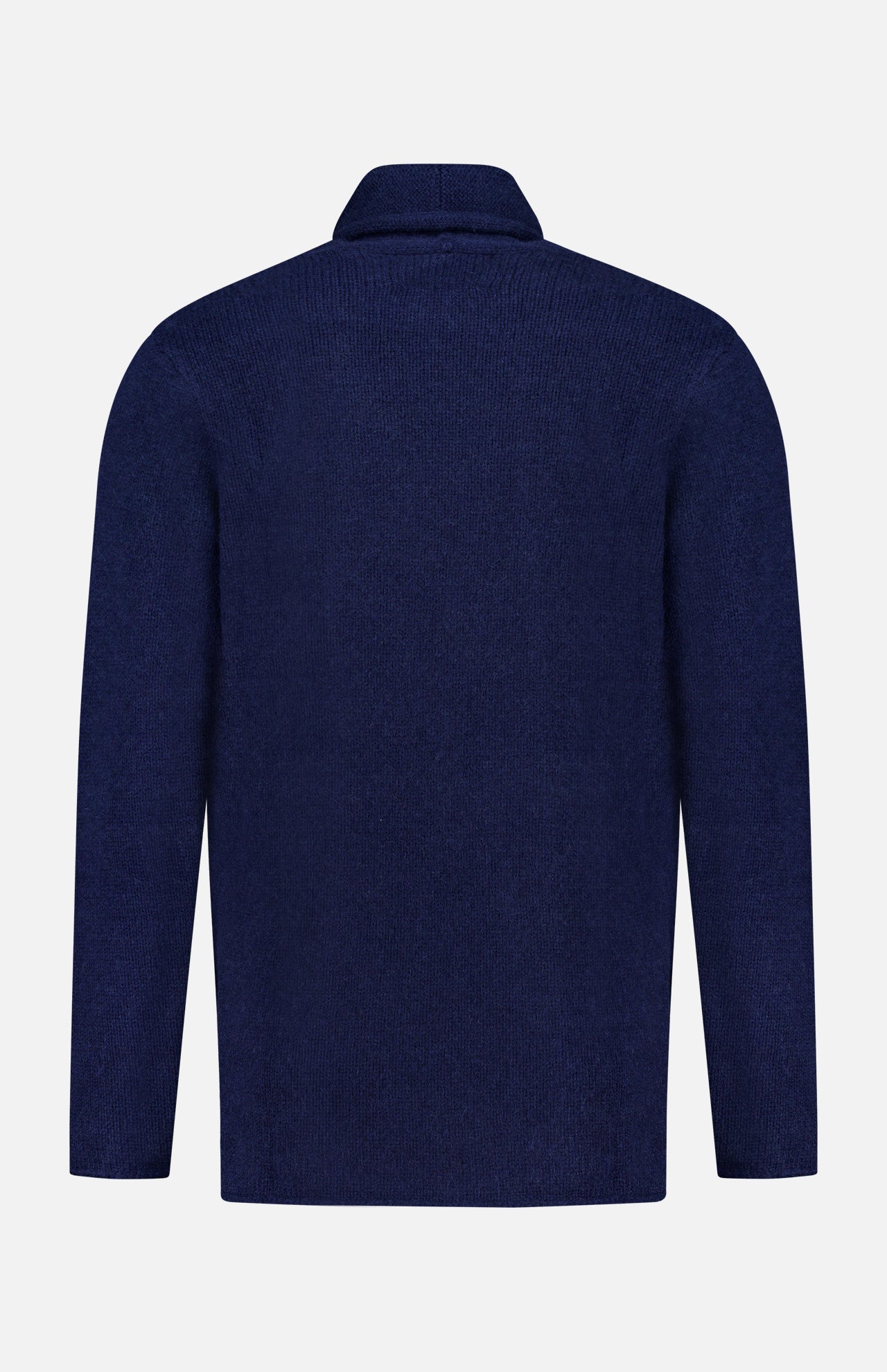The ELDER STATESMAN Italy Cashmere Smoking Cardigan is displayed from the back in navy, showcasing its shawl collar and smooth knit texture against a light background.